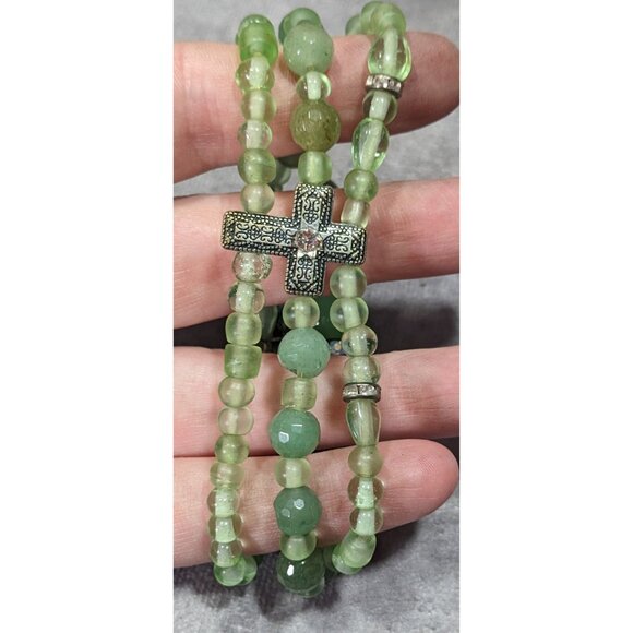 Religious Green Glass Beaded Layered Stretch Bracelet - Picture 2 of 5